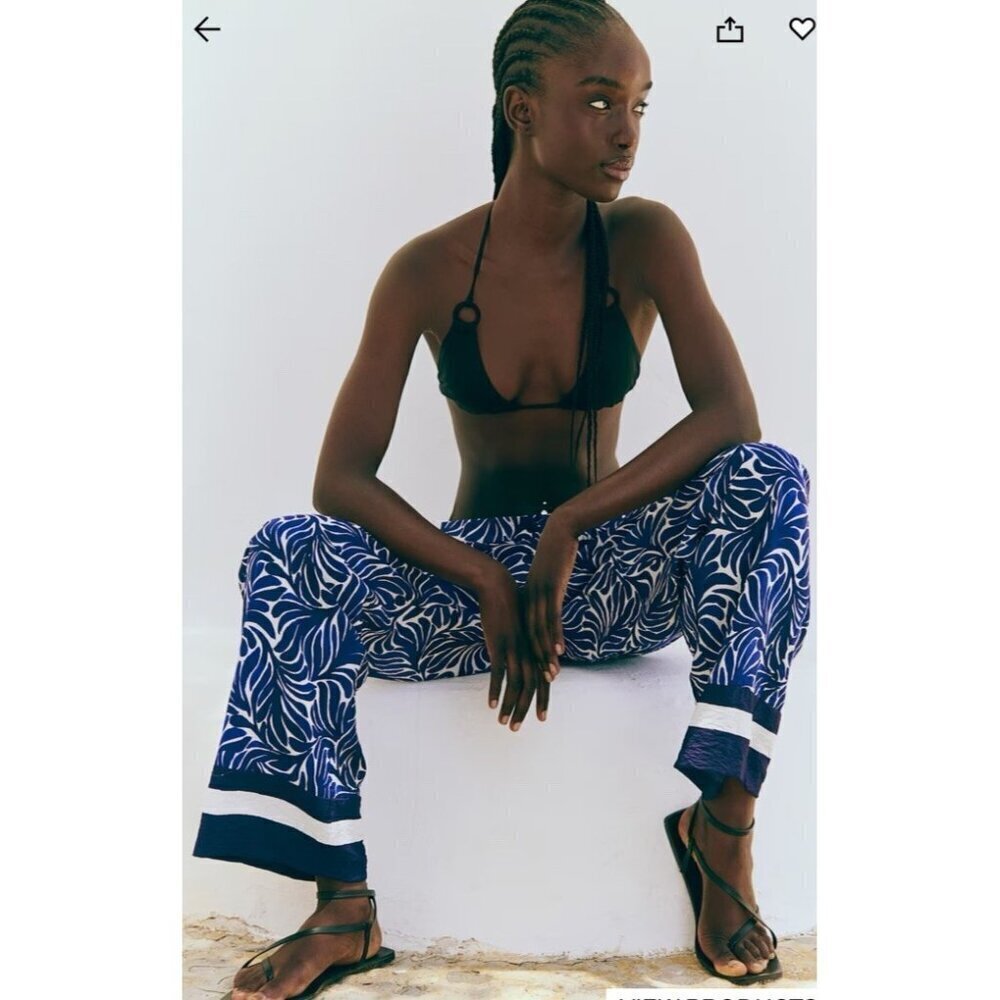 NWOT H&M Women’s Size 10 Blue High Rise Wide-Leg Printed Flat Front Pants